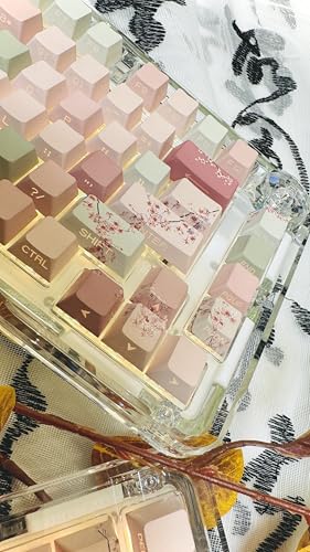Image of Peach Blossom Keycaps Side Print Custom Cherry Profile PBT Shine Through Keycaps Pink Green 128 Keys for Mechanical Keyboards 60% 65% 75% Backlit Key Caps