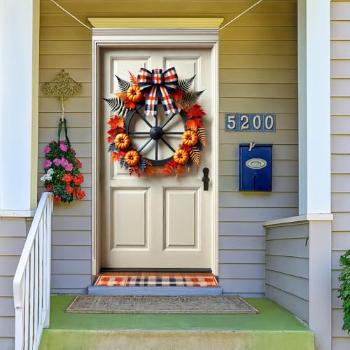 Image of Fall Wagon Wheel Door Cover 35x71in Pumpkin Maple Plaid