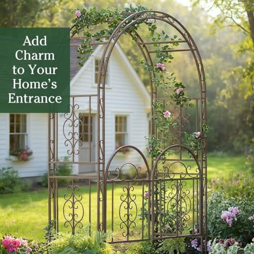 Image of Plow & Hearth Arch Metal Outdoor Garden Arbor Double Gate | Montebello | 7 Feet Tall | Gunmetal Black | Steel Iron Trellis Lattice Climbing Plants & Heavy Vines