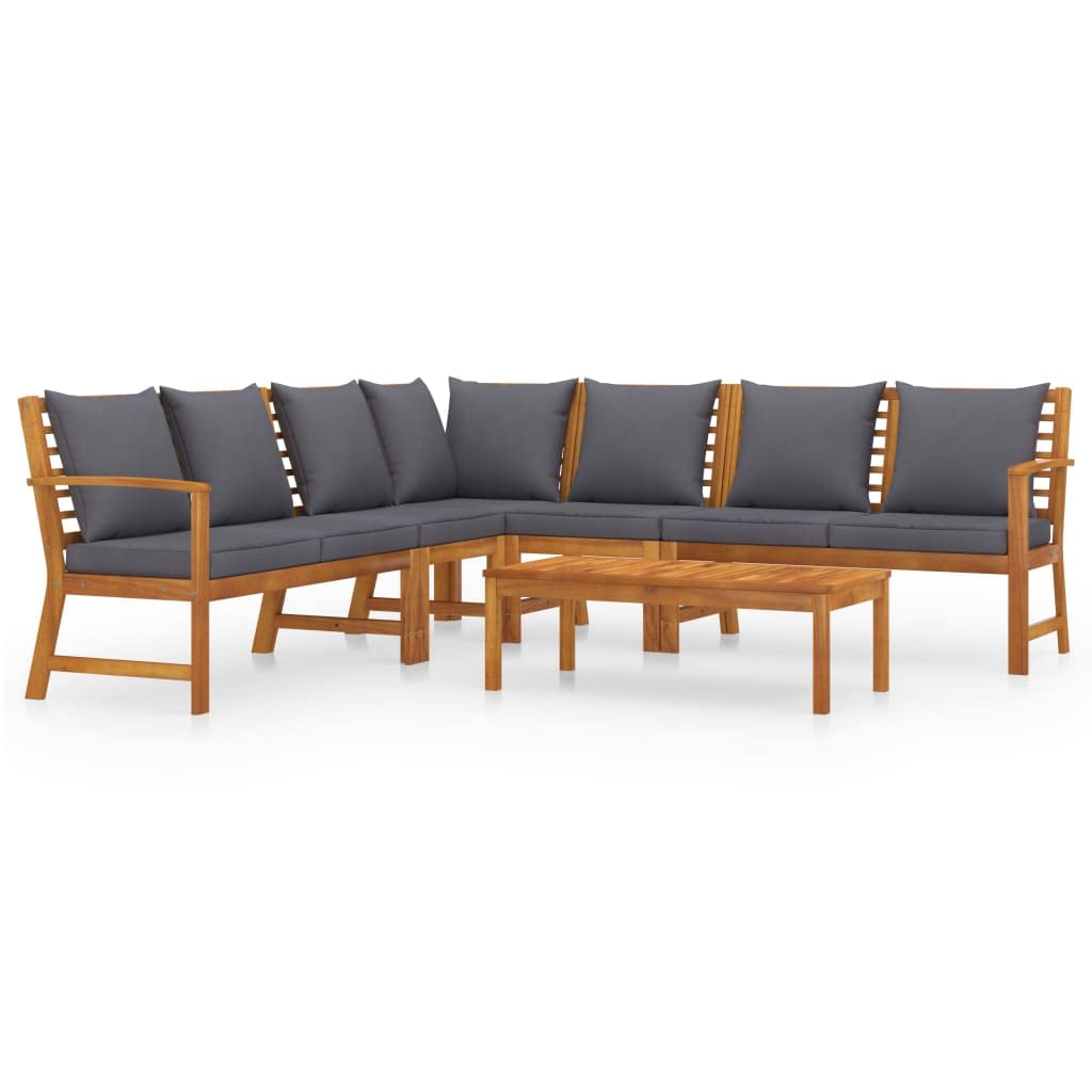 Juego de salón de jardín de madera maciza de acacia de 6 piezas, mesa de centro de listones, muebles de patio modulares con cojines gruesos para asiento y respaldo, fundas de almohada de poliéster
