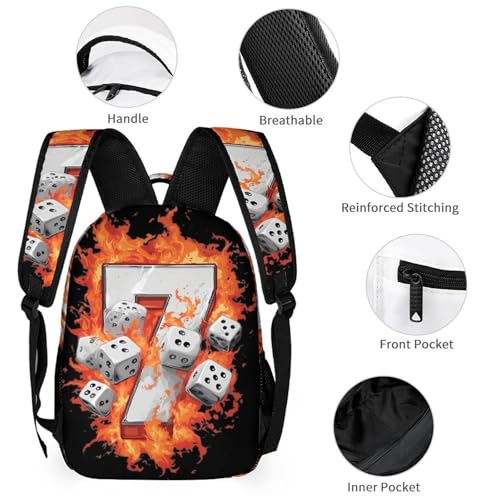 Lucky Nnumber 7 with Dice Printed Backpack with Lunch Box Bag Pencil Case Pouch 3pcs Daypack Set for Women Men3