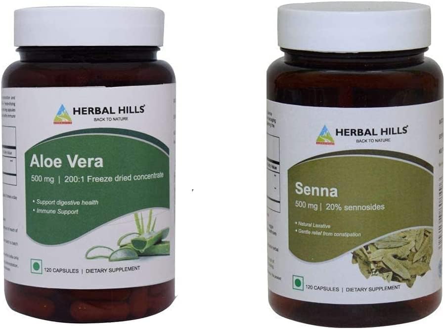 Miniatura 1 de HERBAL HILLS Senna Cápsulas 120 y cápsulas de aloe vera 120 unidades para digestión saludable y desintoxicación Combo (paquete de 2) 240 unidades
