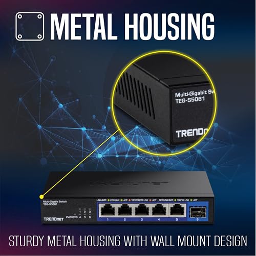 Image of TRENDnet 6-Port Unmanaged 2.5G Switch with 10G SFP+Port, TEG-S5061, 5 x 2.5GBASE-T Ports, 45Gbps SwitchingCapacity, Fanless, Wall Mountable,Lifetime Protection,Black
