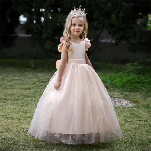 Princess Pageant Dress Pearls Satin Tulle Flower Girl Dress V-Back Kids Birthday Party Ball Gowns4