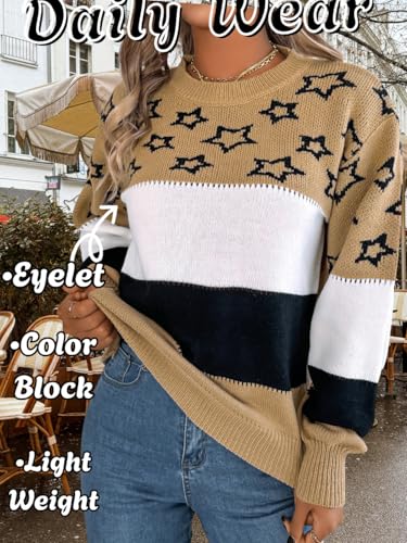 Star Sweater,Color Block Crew Neck Fall Sweaters for Women,Cute Long Sleeve Knit Tops4
