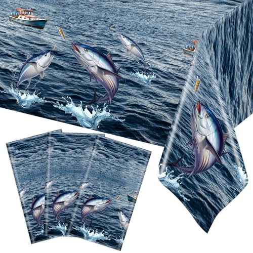 Image of Ganeen 3 Pcs Fishing Tablecloth Disposable Plastic Table Covers Ocean Scene Waterproof Tablecloths for Gone Fishing Themed Tournament Birthday Party Decor, 54 x 108 Inch