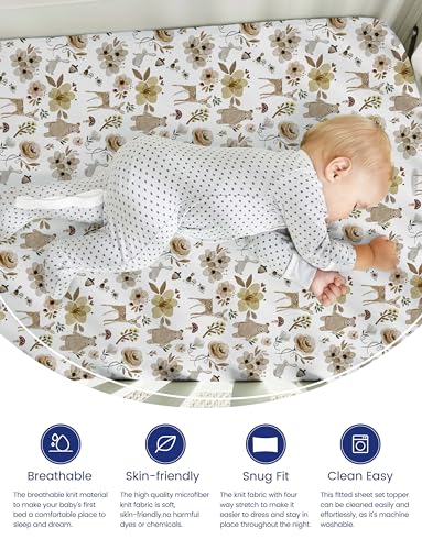 Image of TotAha Premium Soft Pack n Play Sheets, Super Stretchy Jersey Knit Mini Crib Sheets Fitted, Silky Comfort Pack and Play Sheets Fitted, 2 Pack (Botanical Garden & Cute Bear)