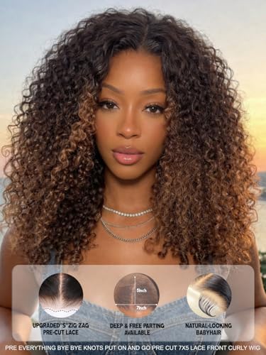 Image of Sunber Black to Chestnut Brown Ombre Curly Human Hair Glueless Wig With With Finger Coily Ends Bye Bye Knots Pre Cut 7X5 Lace Front Drawstring Wig Burmese Curly Wigs Pre Plunked Invisible Knots 22Inch