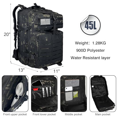 Image of Military Tactical Backpack for Men, 45L 3 Day Assault Pack, Heavy Duty Large Molle Backpack for Outdoor, Hiking, Camping, Camouflage Black