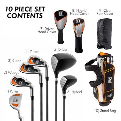 Image of PGA Tour Youth Golf Club Set for Ages 8-12 & 12+ (4'8 inch-5'10 inch), Right and Left-Handed Kids Golf Sets - Beginner Junior Golf Clubs with Lightweight Stand Bag, Mallet Putter, Hybrid, Driver
