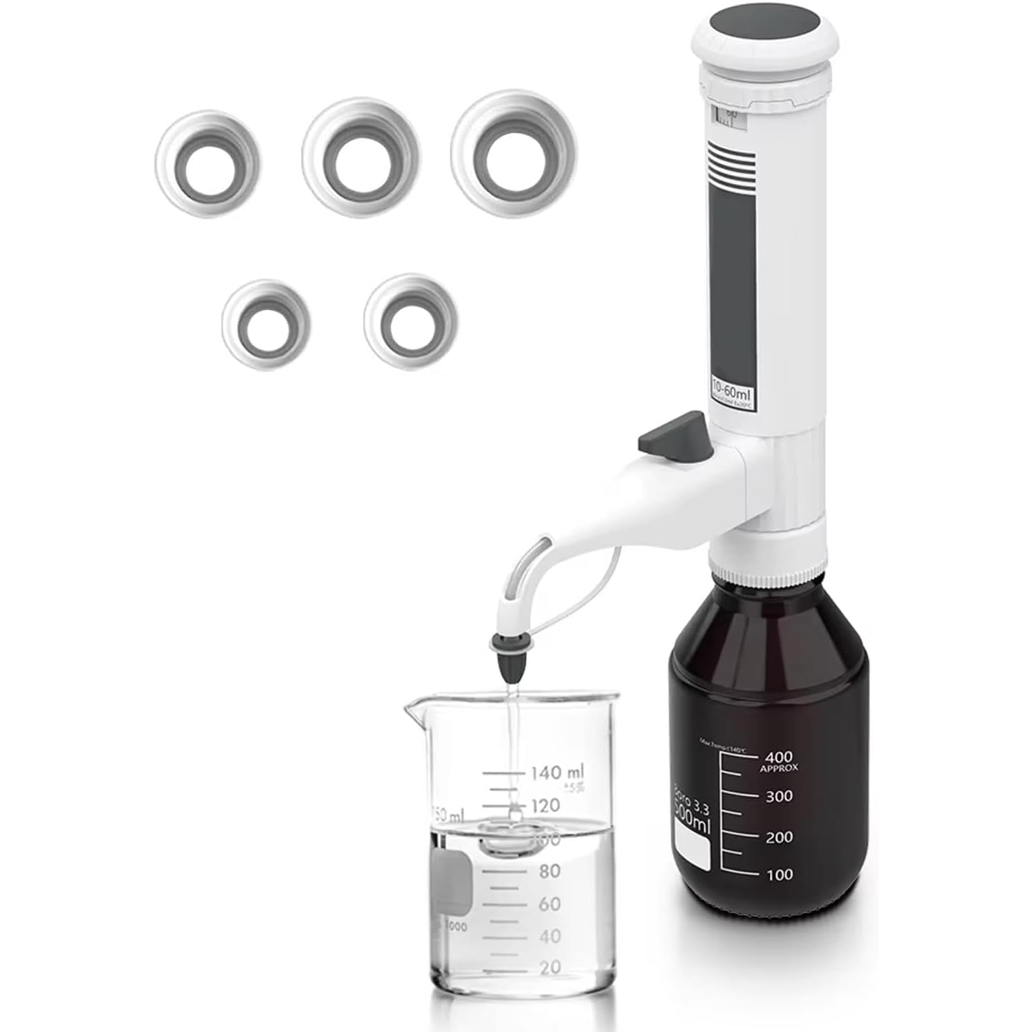 Dispensador de pipetas de líquido ajustable con 5 adaptadores, capacidad de 0,5 a 60 ml, diseño de doble válvula, ventana digital, para uso en laboratorio, herramienta de medición cuantitativa precisa