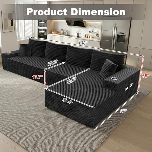 Image of 138 inch Cloud Sectional Couch with L Shape Chaise, Extra Large Frameless Corduroy Sofa, Higher 17.7 inch Seat Height, 32D Pure Foam, Modular Seating for Living Room, No Assembly (Black, Right Facing Chaise)