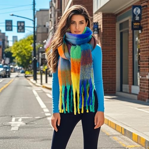 hoyuwak Large Chunky Plaid Scarf Colorful Plaid Oversized Scarves with Tassel Winter Warm Shawl Soft Thick Scarfs for Women Christmas New Year4