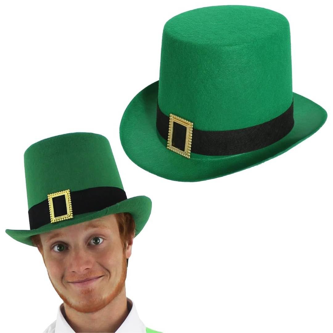 Adults Irish Hat - Pack of 1 - Green Felt Top Hat with Gold Buckle Detail - Mens Womens Ireland Leprechaun Rugby Football St Patricks Day Fancy Dress Costume Accessory