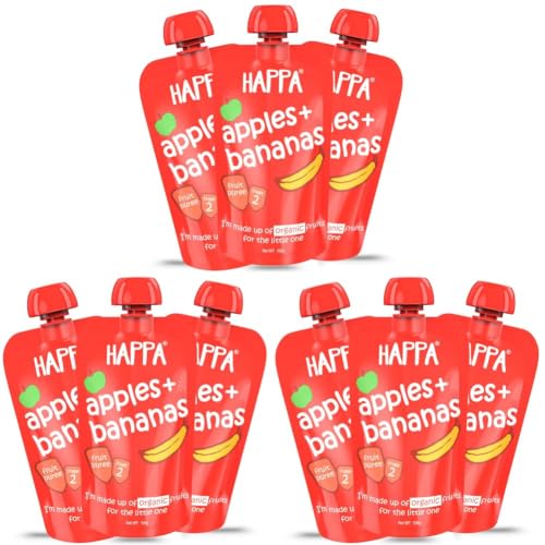 Image of Happa Organic Baby Food Apple and Banana Puree | 100% Fruits | No Added Sugar, No Milk Powder, No Preservatives | Stage 2 (6 Months+) | Ready to Eat | Free from Common Allergens | Pack of 9 (100g Each)