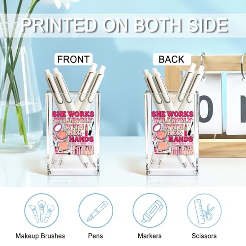 Image of She Works Willingly With Her Hand Acrylic Cosmetic Holder, Inspirational Makeup Brush Holder Gifts, Christian Bible Verses Gifts for Cosmetologist, Bathroom Vanity Storage for Makeup Brushes