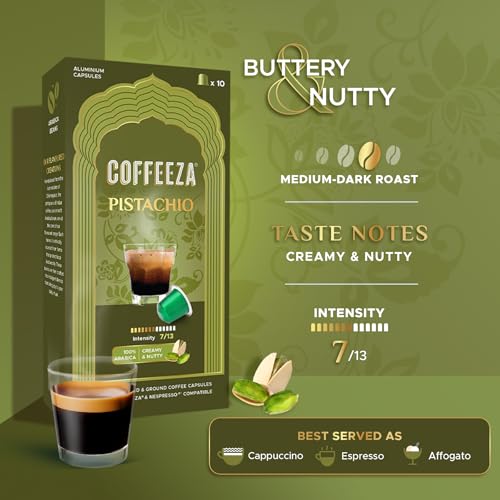 Image of Coffeeza Pistachio Flavoured Coffee Capsules | 100% Arabica | Medium-Dark Roast | Intensity 7 | Original Line Compatible| Box of 10