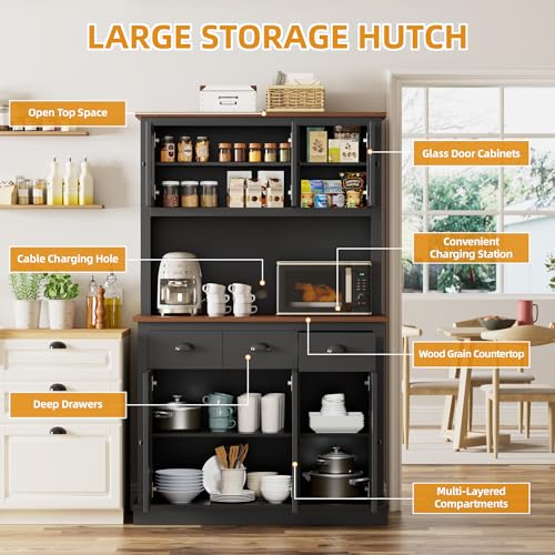 Image of 71 inch Kitchen Hutch with Charging Station, Tall Pantry Storage Cabinet with Microwave Stand, Adjustable Shelves, Slide Drawers, Large Buffet Pantry Cabinet for Kitchen, Dining Room, Black
