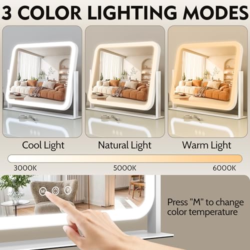 Image of ROLOVE Lighted Makeup Mirror, 17 inchx13 inch Vanity Mirror with Lights, 10X Magnification, Gifts for Women, 3 Color Lighting Modes, Smart Touch Control, 360 Rotation for Bedroom or Tabletop (White)