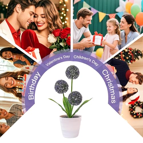 Image of Artificial Purple Allium Flower Lamp, Color Changing LED Light with White Pot, Battery Powered for Bedroom Wedding Christmas, Gifts for Women Mom Grandma Girlfriend on Birthday Christmas Valentines