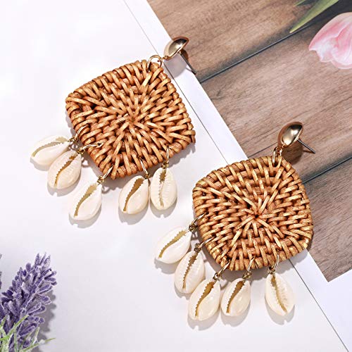 Rattan Shell Earrings Boho Handmade Tassel Woven Straw Wicker Drop Earring Shell Dangle Earrings For Women Girls (Brown) #TOP3