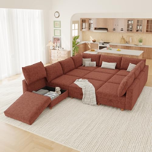 Image of 99 inch Modular Sectional Sleeper Sofa Bed with Storage & Washable Covers, 10-Seater Chenille Modular Sofa Bed with Movable Ottoman Chaise, Convertible Sleeper Sectional Couches for Living Room, Orange