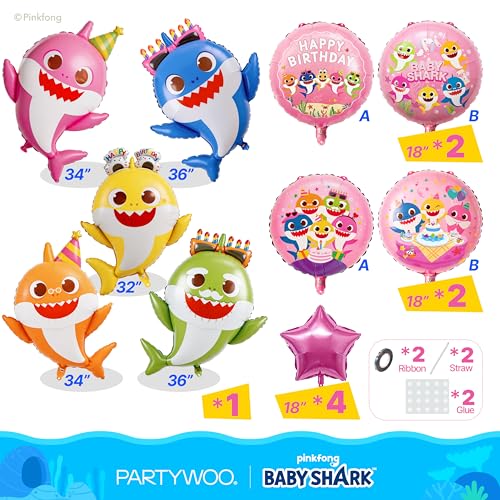Image of PartyWoo Baby Shark Family Foil Balloons 13pcs Baby Shark Family Pink Round Star Mylar Helium Balloons for Boys and Girls Birthday Decorations Under the Sea Ocean Kids Birthday Party Decorations