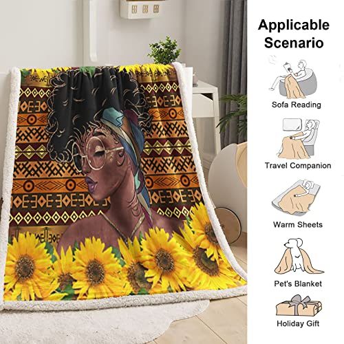 African American Girl Sunflower Black Girl Blanket Throw Plush Fleece Sherpa Blanket For Women And Girls Couch Sofa Bed Soft Blankets 50X60 Inch #TOP4