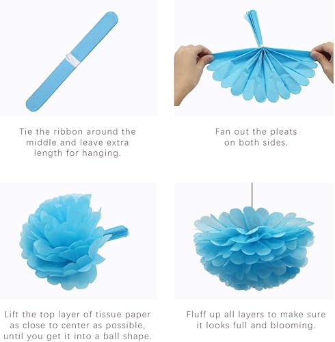 Miniatura 6 de Meiduo Decoración de fiesta azul abanicos de papel colgantes con pompones de flores, guirnalda de borlas de tejido para elefante, tiburón, tema de