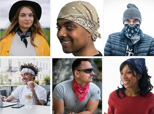 6-Pack Large Cotton Bandana - Paisley, 22x22 In, Assorted Dark Colors - Cowboy Head Bandanna Scarf Handkerchief Mouchoir- Gifts for Men Women and All - 3