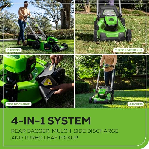 Image of Greenworks 80V 21 inch Brushless Cordless (Self-Propelled) Lawn Mower (LED Headlight + Aluminum Handles), 4.0Ah Battery and Rapid Charger + Bonus 24V Power Tool Combo Kit