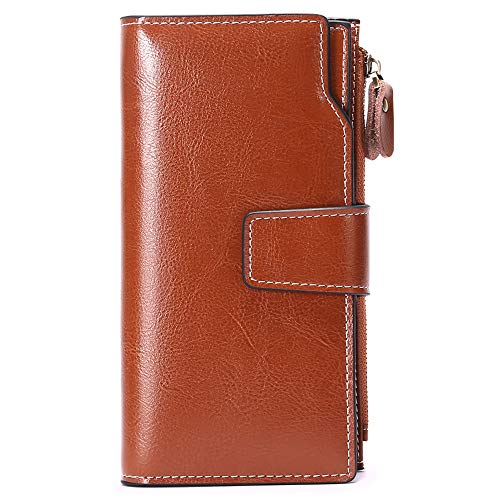Sendefn - Monedero de piel auténtica de gran capacidad para mujer, con bolsillo con cremallera, marrón (Marrón) - 5156
