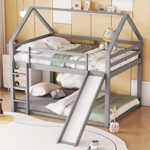 KOMHTOM Lit Superposé Cabane en Bois avec Toboggan, Échelle et Clôture de Sécurité - Support à Lattes, Cadre de Lit pour Chambres à Coucher - Pin (Sans...