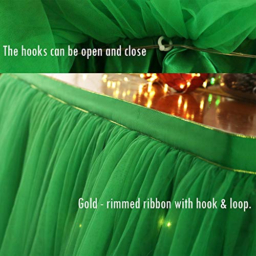 OakHaomie 10ft Table Skirt Tulle Tutu Table Cloth with 15pcs String Lights for Rectangle or Round Table for Party,Wedding,Birthday Party&Home Decoration,Table Skirting (Green, 10ftX2.63ft) - Thumbnail 2