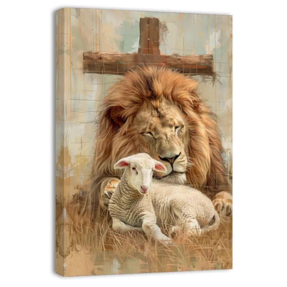 ZQQART Lion and Lamb Canvas Wall Art Christian Picture Prints God Faith Paintings Artwork Church Prayer Room Wall Decor Framed(Brown,12.00" x 18.00")