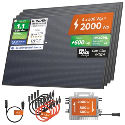 Solarway® Balkonkraftwerk 2000W komplett Steckdose - neuester 2000W Wechselrichter - Solaranlage Komplettset - 500W bifaziale Solarmodule & Deye & Zubehör
