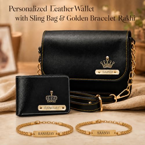 Image of SAVRI Personalized Rakshabandhan Gift for Bhaiya & Bhabhi | Customized Leather Wallet & Sling Bag with Name & Charm | Set of 2 Personalized Chain Rakhis with Name | Couple Gift for Anniversary & Rakhi