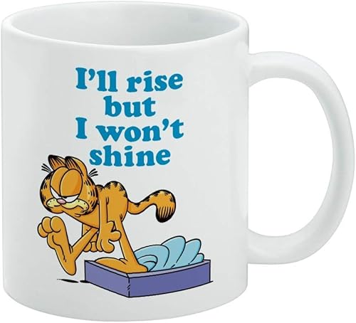 Garfield - Taza de café de cerámica con texto en inglés "I'll Rise but I won't Shine", tazas de regalo novedosas para café, té y bebidas calientes,