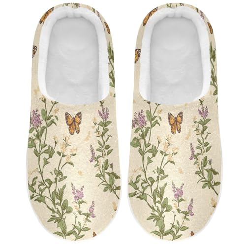 JUNZAN Retro Butterflies Herbs Beige Mens Home Cotton Slipper Breathable Memory Foam Indoor Slippers for Spa Funny Presents 6-7