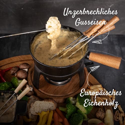 Foto von BOSKA Fondue Set Pro L - Familien (6 Fonduegabeln) - Käsefondue Teelichter mit Stil - 1,8 L Inhalt für 1,2 L Geschmolzenen Käse [Stabile, Eichenholz und Edelstahl]