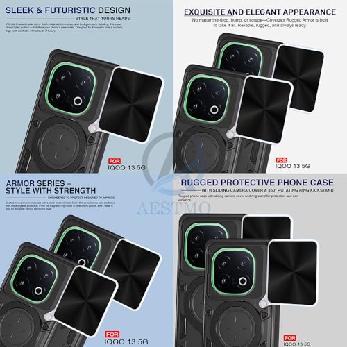 Image of AESTMO Armor iQOO 13 5G Bumper Back Case Cover | Ring Holder & CD Pattern Sliding Camera Shutter Cover | 360 Degree Protection Back Case Cover for iQOO 13 5G (Black)