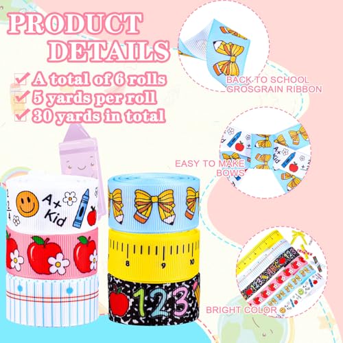 Image of Whaline 6 Rolls Back to School Grosgrain Ribbons 7 /8 inch 30 Yards Fabric Craft Ribbon Composition Notebook Ruler Pencil Bow Apples Ribbon for Wreath Bow Gift Wrap Party Decor
