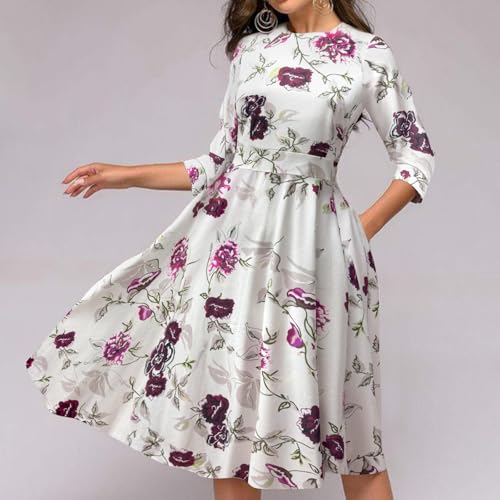 Image of Simple Flavor Women's Floral Vintage Dress Elegant Midi Evening Dress 3 /4 Sleeves