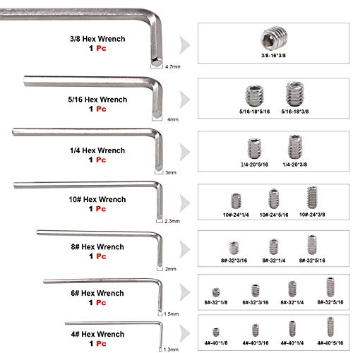 Hilitchi 240Pcs 19Sizes SAE Stainless Allen Head Socket Set Screws Grub Screw Bolts Assortment Kit Internal Hex Drive Cup-Point Screws with 7 Hex Wrenches