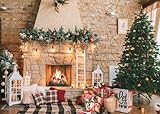 Picture of Christmas Fireplace Backdrop 10x8ft – Rustic Holiday Hearth with Garland, Tree & Gifts – Vinyl Photo Background for Xmas Family Party, Home Decoration, Photography Booth D470