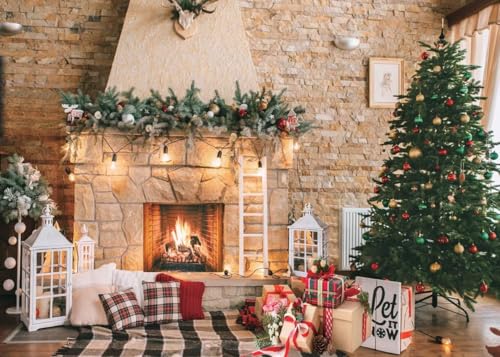 Christmas Fireplace Backdrop 10x8ft  Rustic Holiday Hearth with Garland, Tree & Gifts  Vinyl Photo Background for Xmas Family Party, Home Decoration, Photography Booth D470