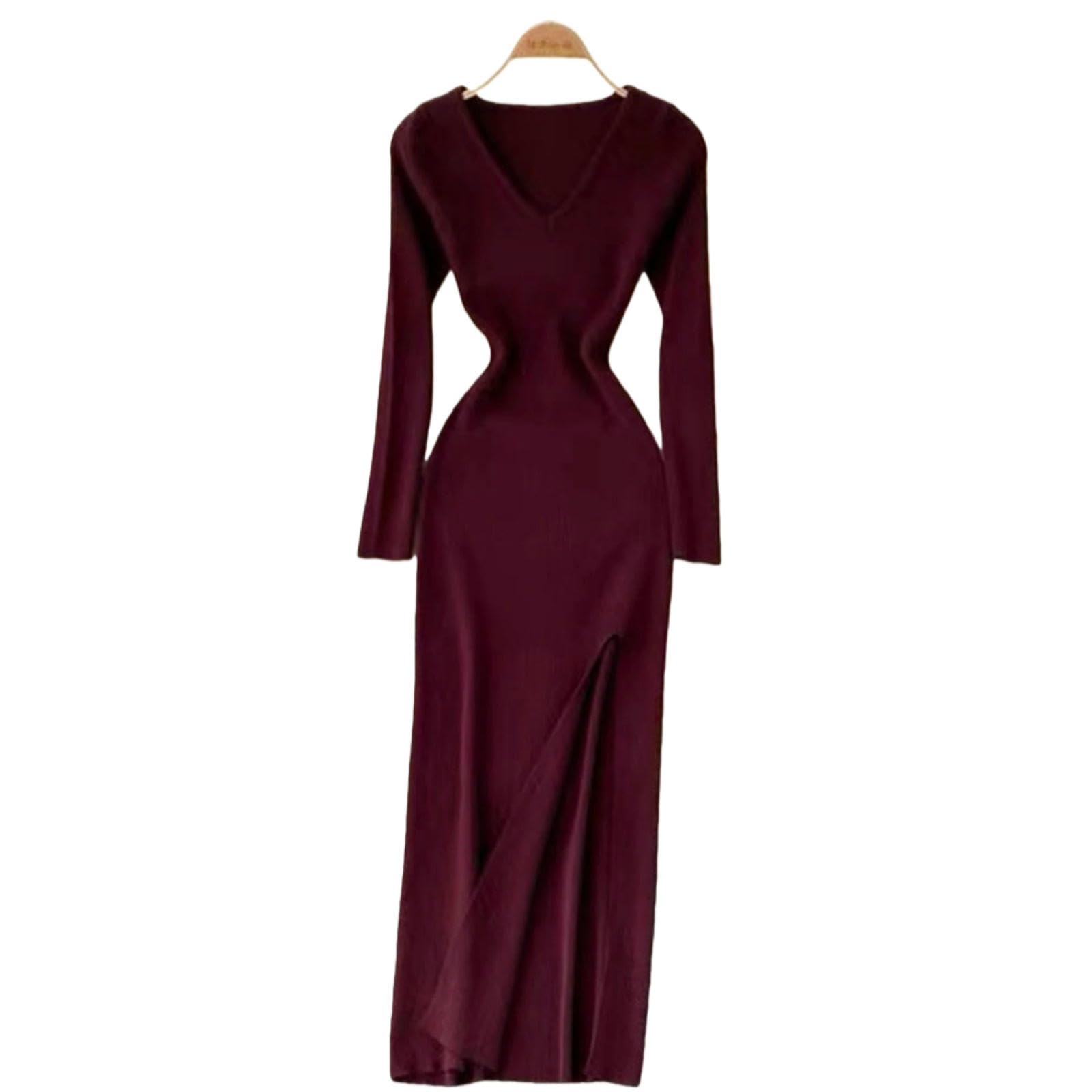 Vestiti a Maniche Lunghe Abito in Maglia da Donna Stile Francese, Avvolgente Slim Fit con Scollo V Spacco, Autunno Inverno per Feste E Abbigliamento Quotidiano-Arancione-s