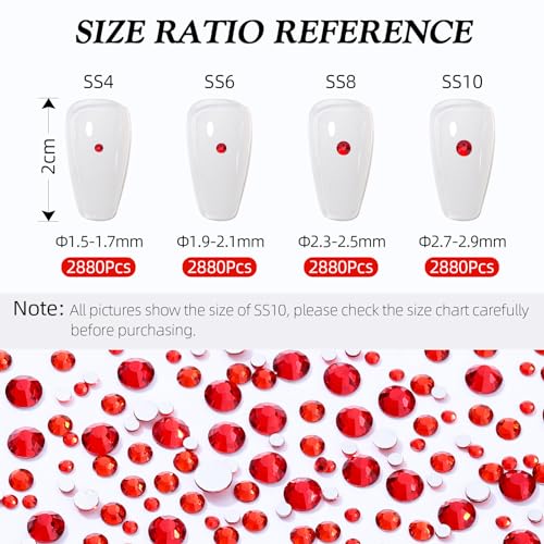 Image of Red Flatback Rhinestones, Glass Rhinestones for Nail Art and Craft, Glue Fix, Loose Crystal Gemstones(Red, SS8, 2880pcs, 2.3-2.5mm)