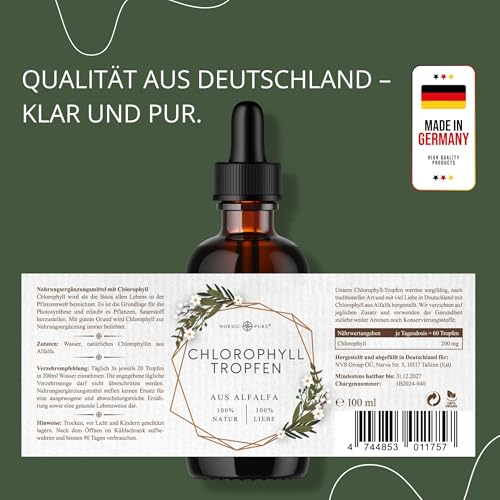 Nordic Pure Chlorophyll flüssig aus Luzerne 100 ml, 200 mg pro Tagesdosis Chlorophyll-Tropfen als Alternative zu Chlorophyll-Tabletten