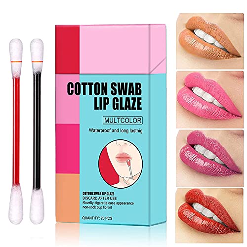 20 Pcs/Box Tattoo Lipstick Cotton Swab, Matte Long Lasting Lip Gloss Waterproof Non-Stick Lip Tint(4 Mixed Colors)